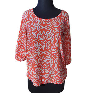 top blouse round neck 3/4 sleeve orange, white sz M